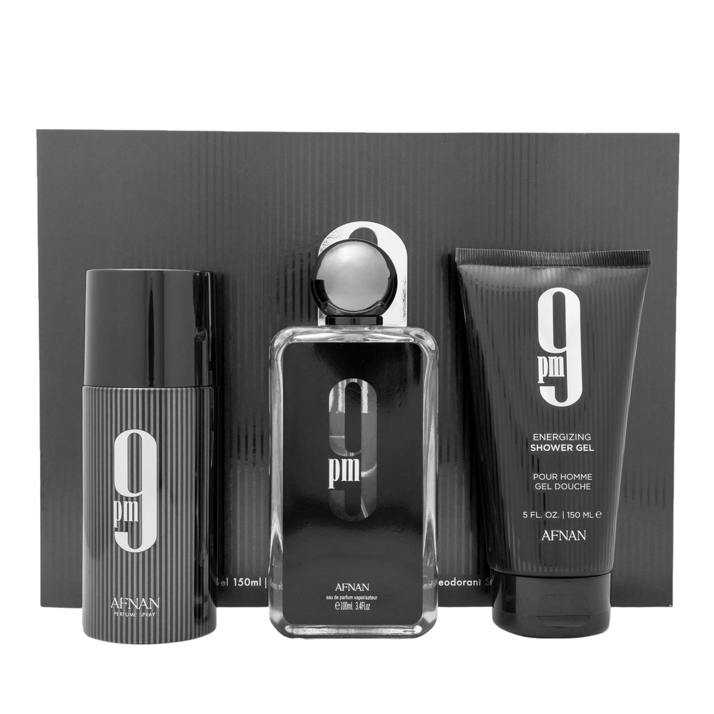 Afnan 9pm EDP for Men 3 Pcs Gift Set including 100ml perfume 150ml deodorant and 150ml shower gel available at The Perfume Savor