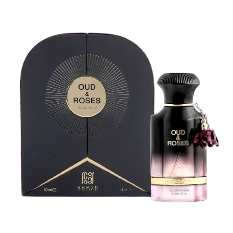 Ahmed Al Maghribi Oud & Roses Eau de Parfum 60ml bottle available at The Perfume Savor