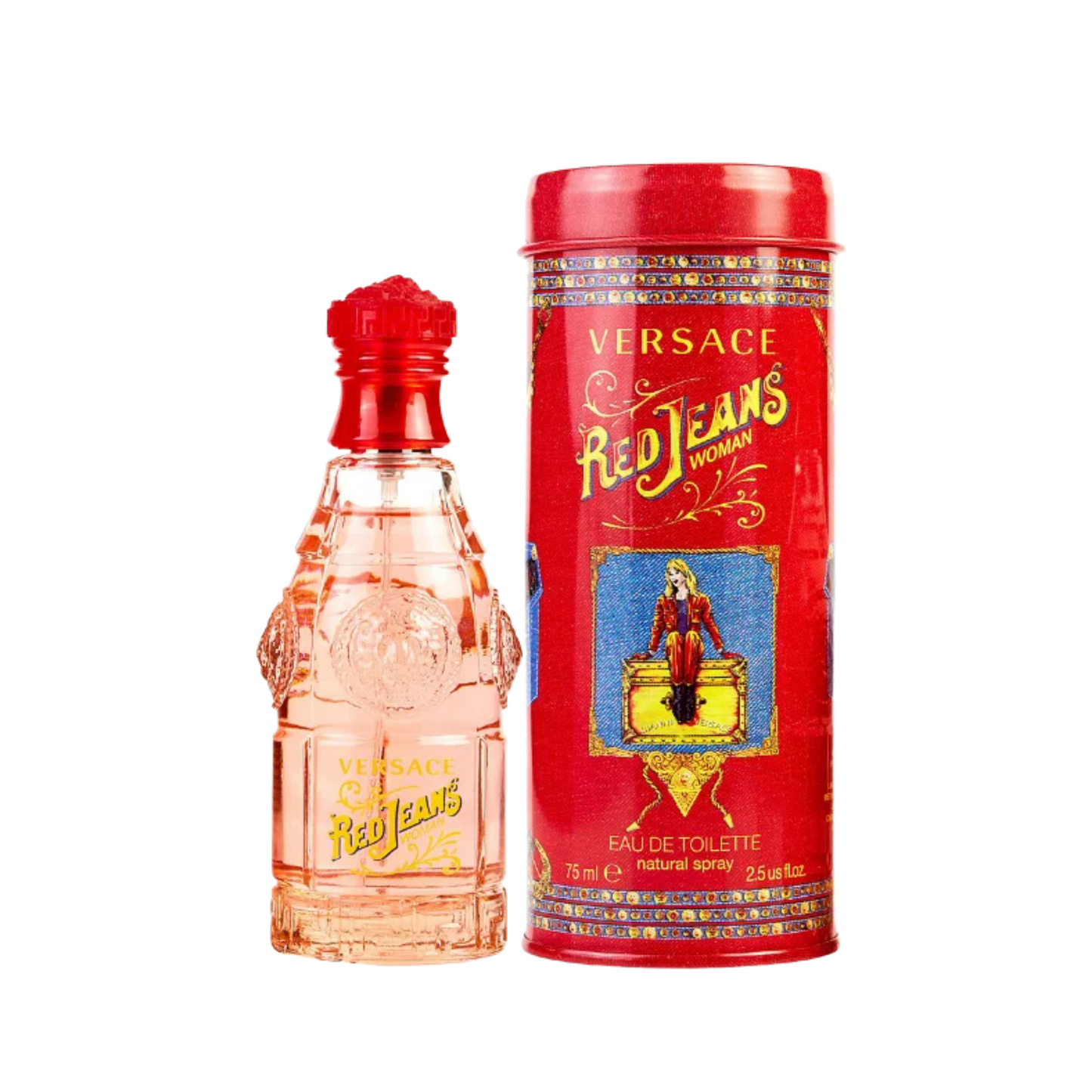 Versace Red Jeans Eau de Toilette for Women 75ml bottle with red tin available at The Perfume Savor
