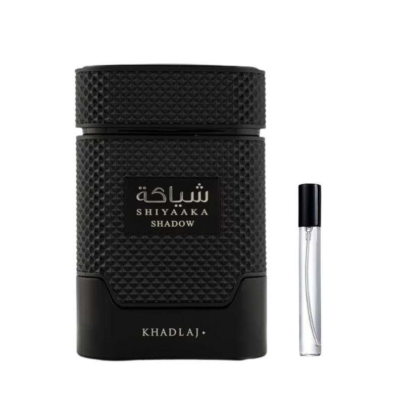 Khadlaj Shiyaaka Shadow decant sample bottle available at The Perfume Savor