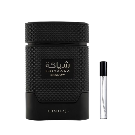 Khadlaj Shiyaaka Shadow decant sample bottle available at The Perfume Savor
