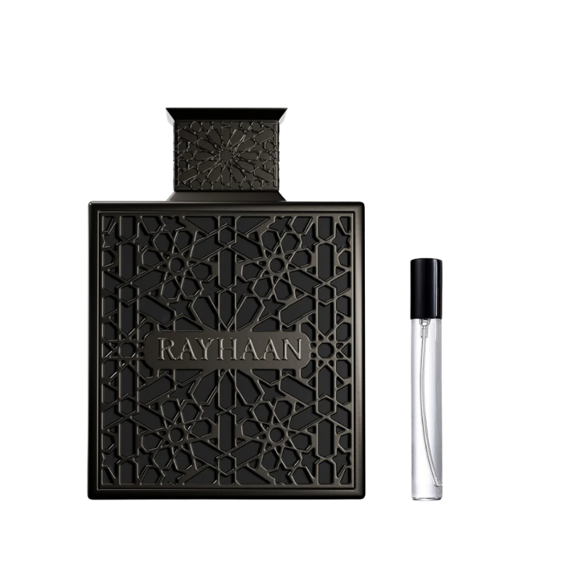 Rayhaan Obsidian decant sample bottle available at The Perfume Savor
