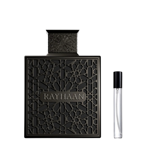 Rayhaan Obsidian decant sample bottle available at The Perfume Savor