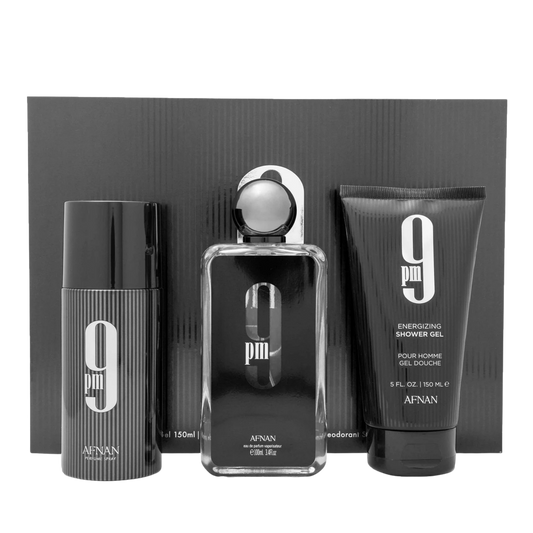 Afnan 9pm EDP for Men 3 Pcs Gift Set including 100ml perfume 150ml deodorant and 150ml shower gel available at The Perfume Savor