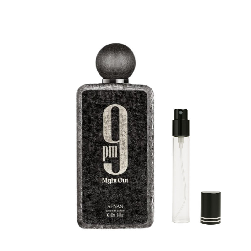 Afnan 9PM Night Out EDP decant sample bottle available at The Perfume Savor