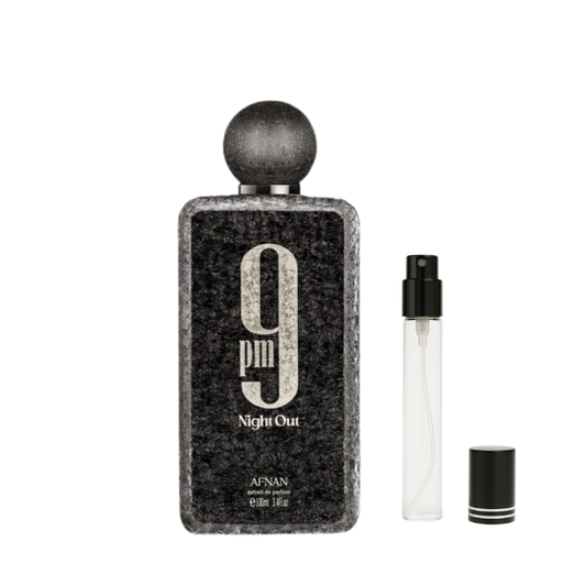 Afnan 9PM Night Out EDP decant sample bottle available at The Perfume Savor