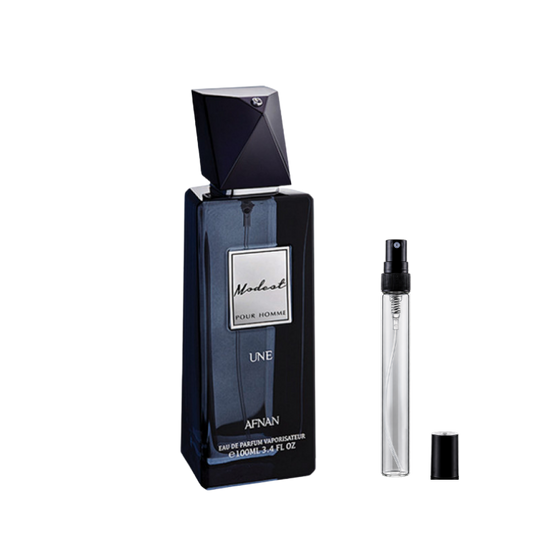 Afnan Modest Pour Homme Une Eau de Parfum decants available at The Perfume Savor