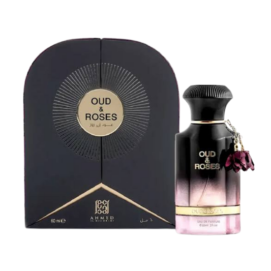 Ahmed Al Maghribi Oud & Roses Eau de Parfum 60ml bottle available at The Perfume Savor