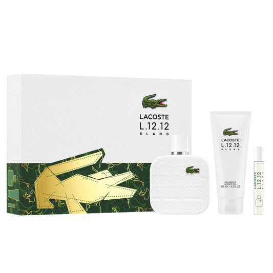 Lacoste L.12.12 Blanc Men EDT 100ml Travel Spray 7.5ml Shower Gel 100ml Gift Set available at The Perfume Savor