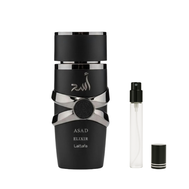 Lattafa Asad Elixir for Men decant sample bottle available at The Perfume Savor