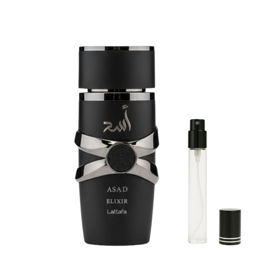 Lattafa Asad Elixir for Men decant sample bottle available at The Perfume Savor