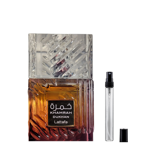 Lattafa Khamrah Dukhan Eau de Parfum decants available at The Perfume Savor
