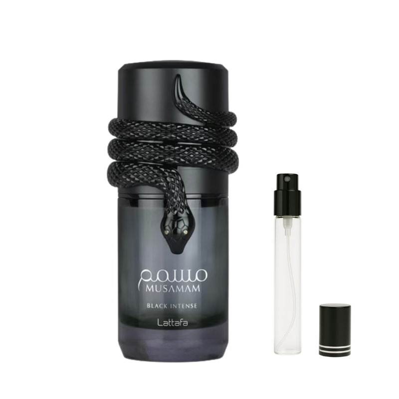 Lattafa Musamam Black Intense EDP decant sample bottle available at The Perfume Savor