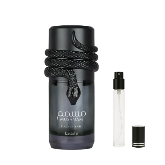 Lattafa Musamam Black Intense EDP decant sample bottle available at The Perfume Savor