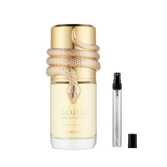 Lattafa Musamam White Intense Eau de Parfum decant bottles available at The Perfume Savor