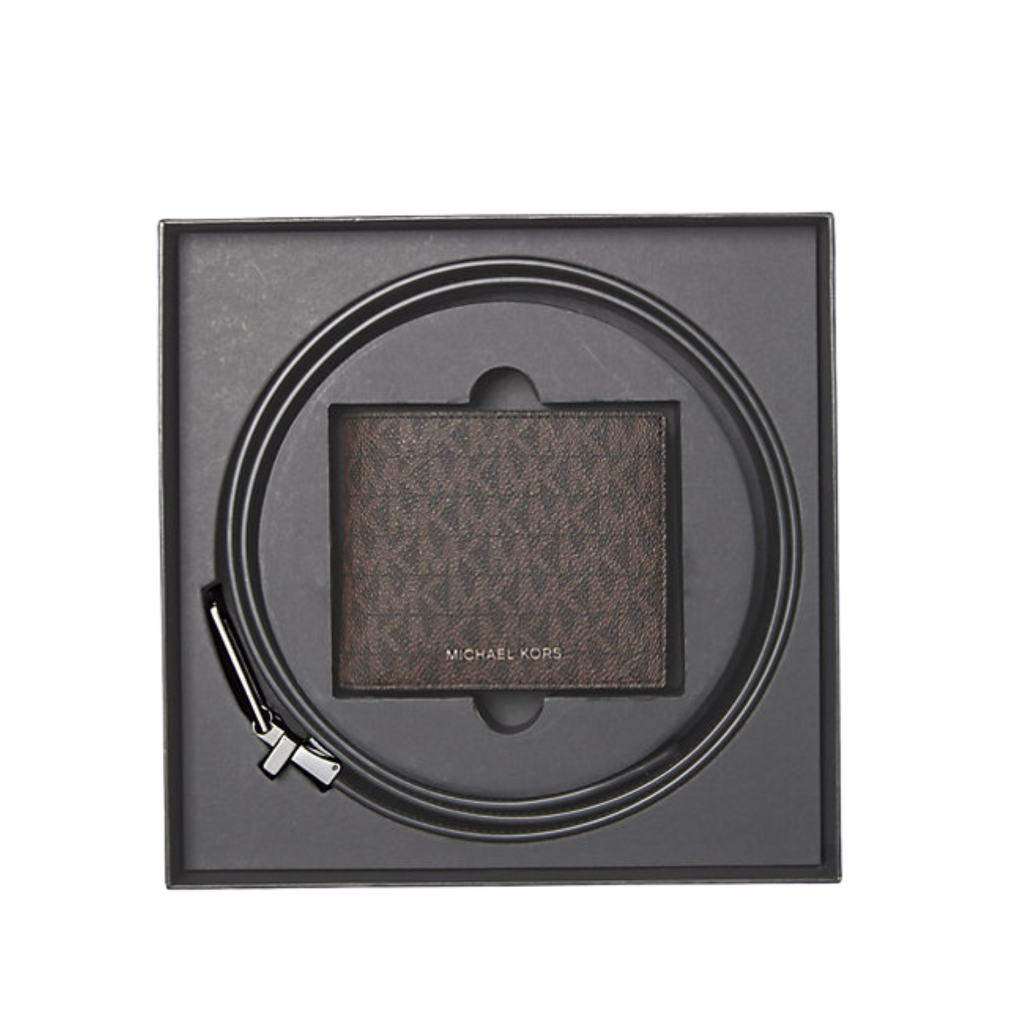 Michael Kors Signature Logo Billfold Wallet and Belt Gift Set in Brown/Black available at The Perfume Savor