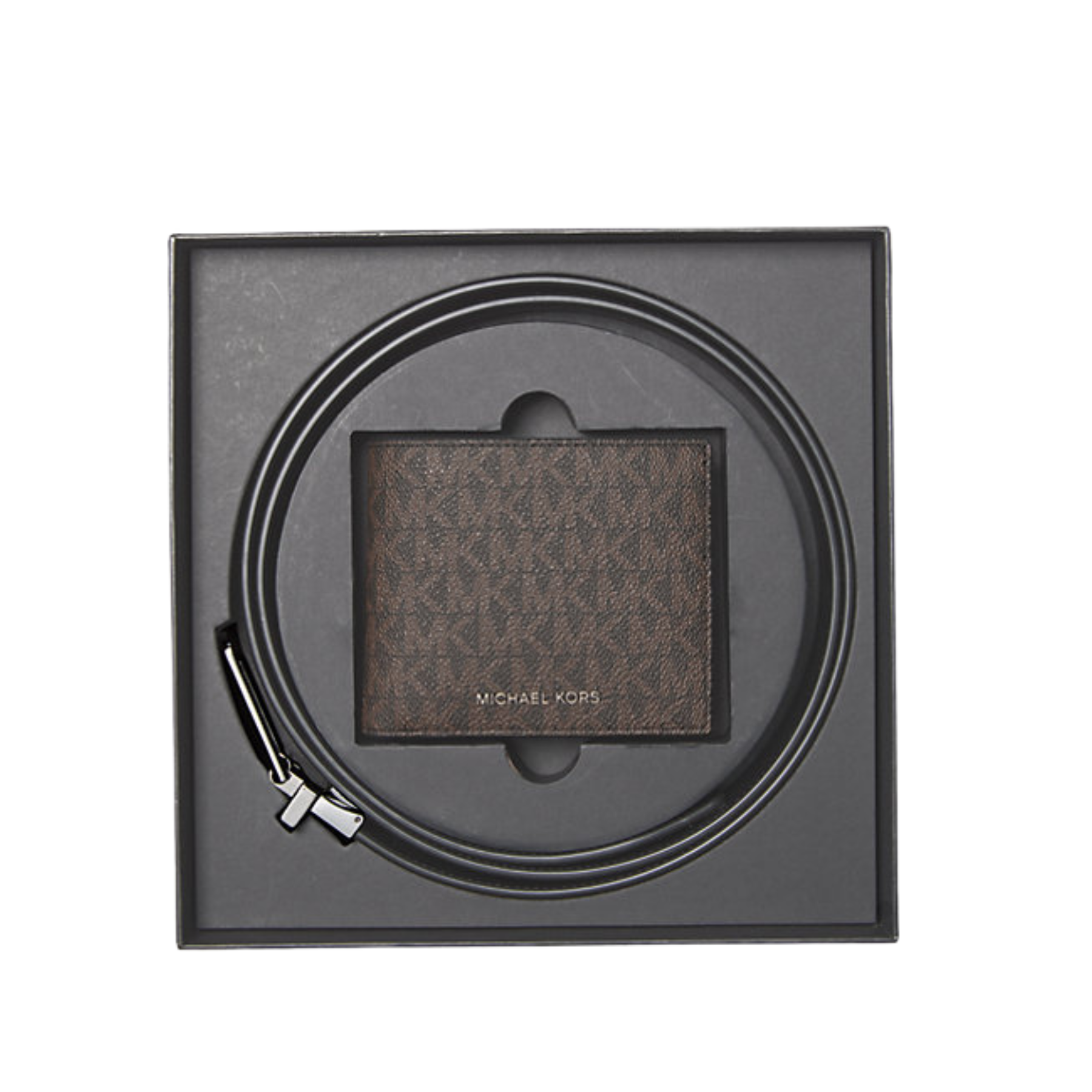 Michael Kors Signature Logo Billfold Wallet and Belt Gift Set in Brown/Black available at The Perfume Savor