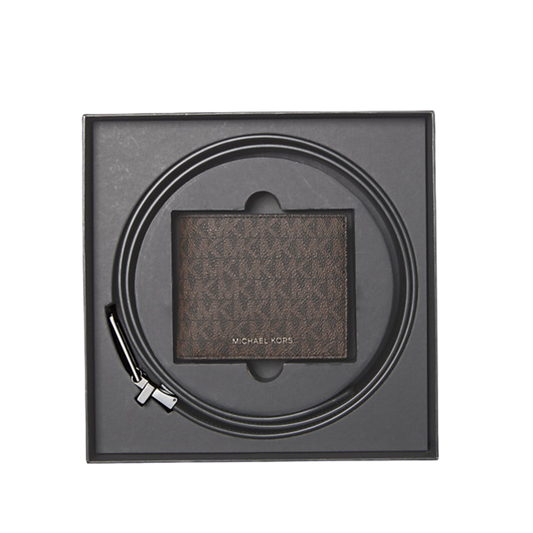 Michael Kors Signature Logo Billfold Wallet and Belt Gift Set in Brown/Black available at The Perfume Savor