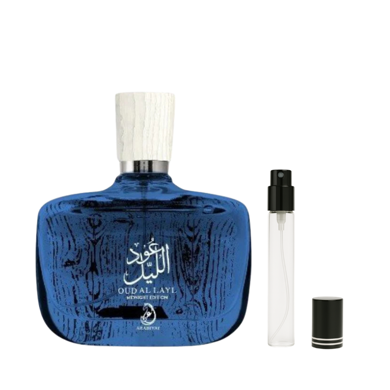Oud al Layal Midnight By Arabiyat Prestige EDP decant sample bottle available at The Perfume Savor