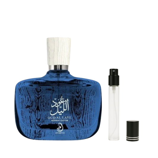 Oud al Layal Midnight By Arabiyat Prestige EDP decant sample bottle available at The Perfume Savor