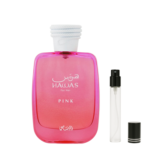 Rasasi Hawas Pink for Her EDP decant sample bottle available at The Perfume Savor