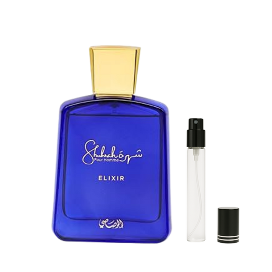 Rasasi Shuhrah Elixir EDP for Men decant sample bottle available at The Perfume Savor