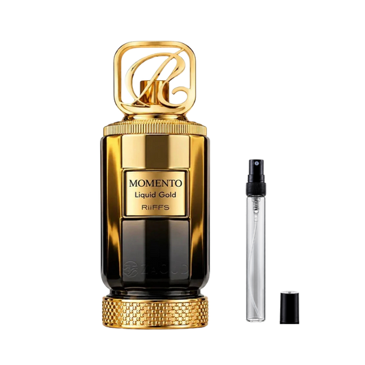 Riiffs Perfumes Momento Liquid Gold Extrait de Parfum decant bottles available at The Perfume Savor