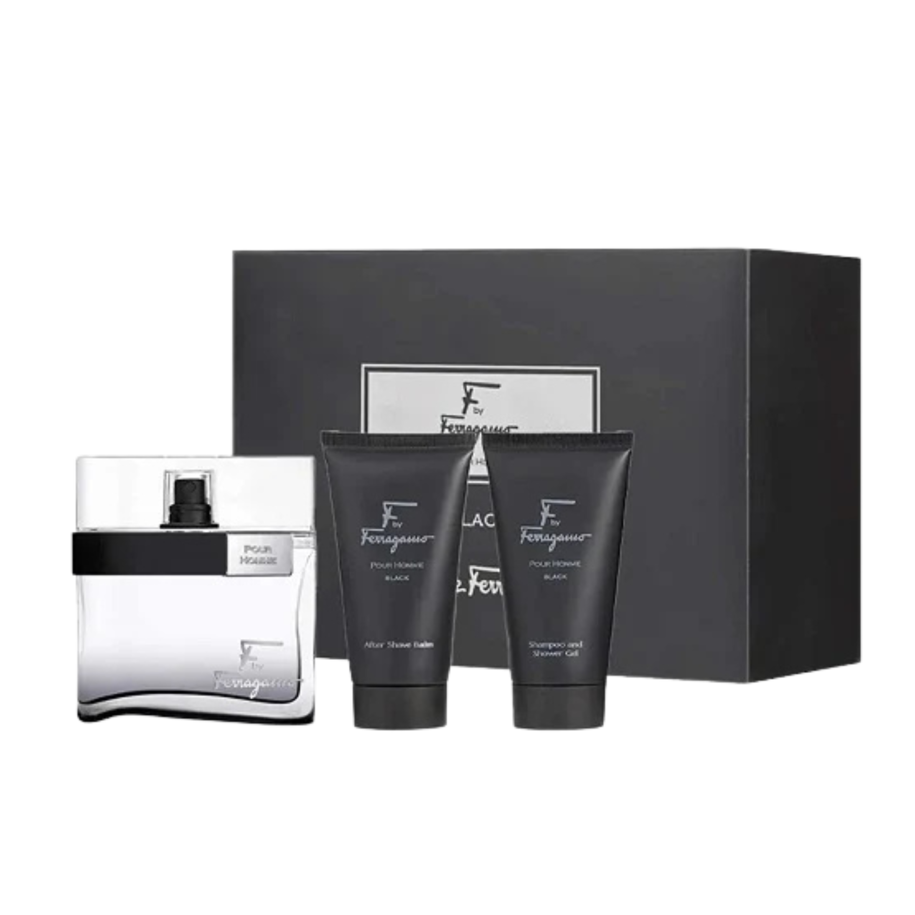 Salvatore Ferragamo F by Ferragamo Black Men EDT 100ml Shower Gel 75ml Shave Balm 75ml Gift Set available at The Perfume Savor