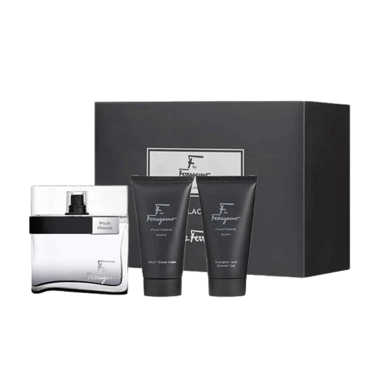 Salvatore Ferragamo F by Ferragamo Black Men EDT 100ml Shower Gel 75ml Shave Balm 75ml Gift Set available at The Perfume Savor