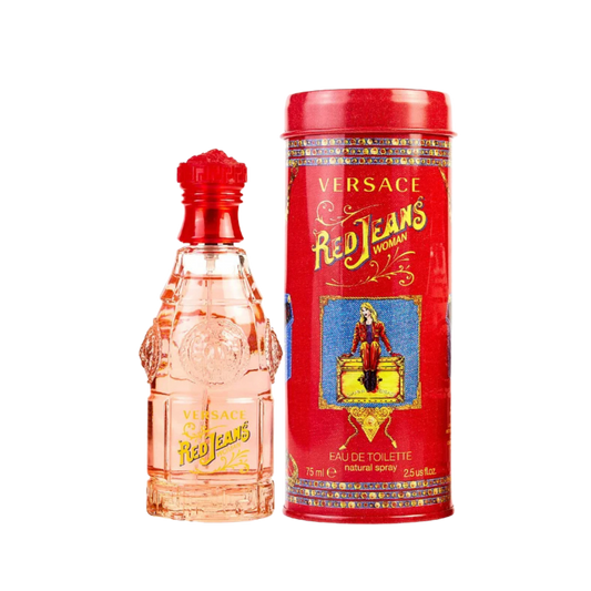 Versace Red Jeans Eau de Toilette for Women 75ml bottle with red tin available at The Perfume Savor
